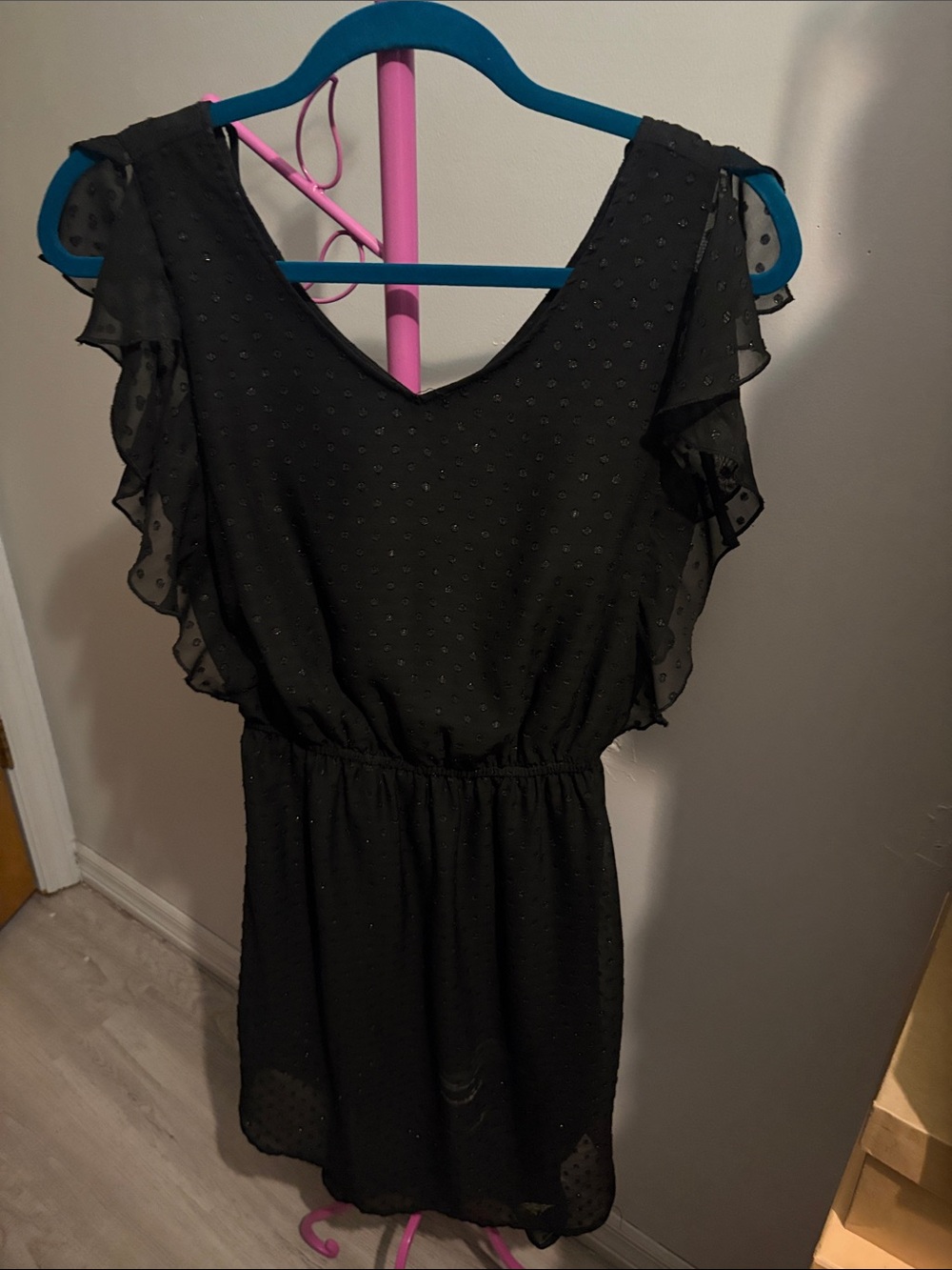Glittery Black Flutter Sleeve V-Neck Dress